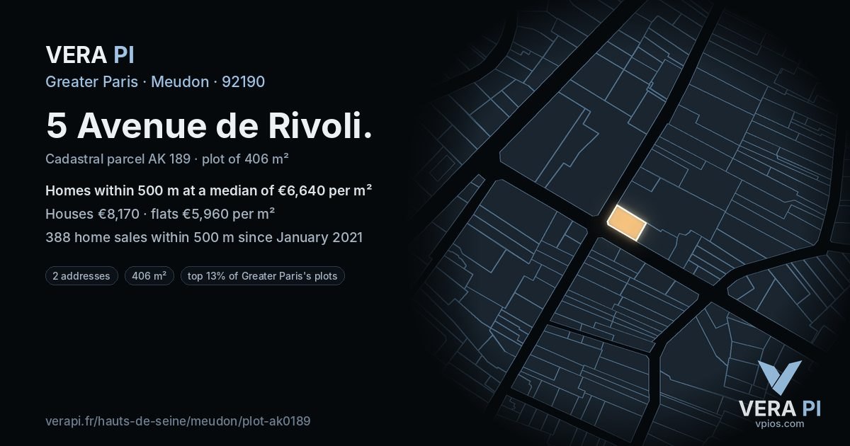 5 Avenue de Rivoli, Meudon at night – the plot lit, the parcels around coloured by the prices near them