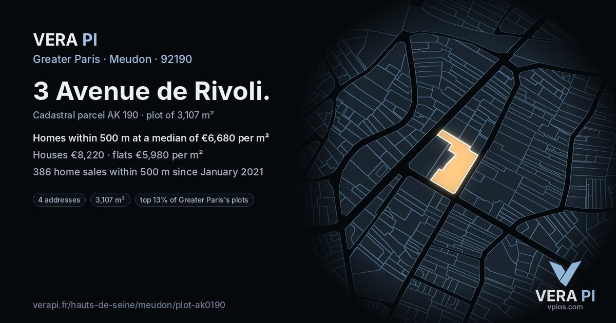 3 Avenue de Rivoli, Meudon at night – the plot lit, the parcels around coloured by the prices near them