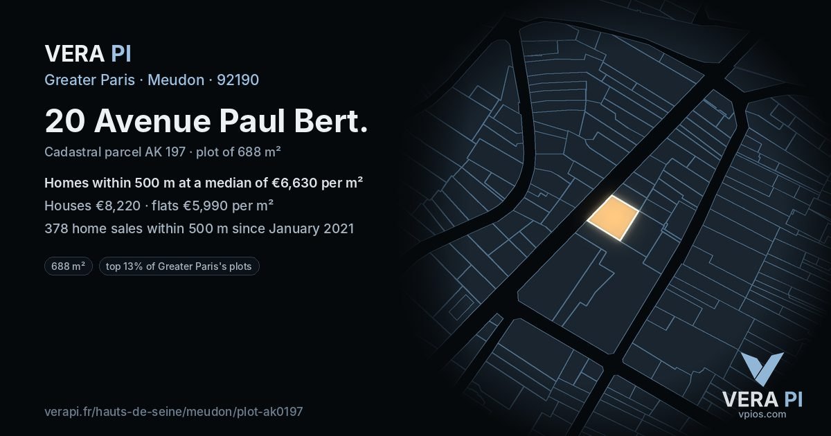 20 Avenue Paul Bert, Meudon at night – the plot lit, the parcels around coloured by the prices near them