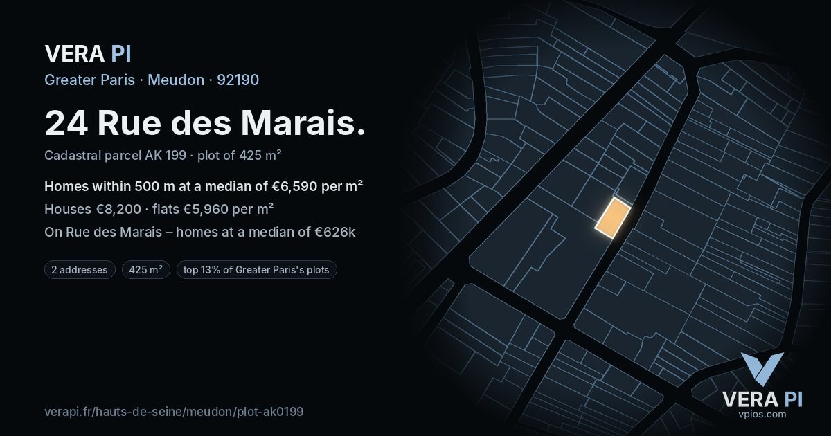 24 Rue des Marais, Meudon at night – the plot lit, the parcels around coloured by the prices near them