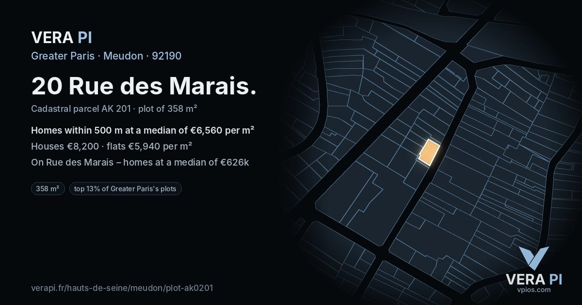 20 Rue des Marais, Meudon at night – the plot lit, the parcels around coloured by the prices near them