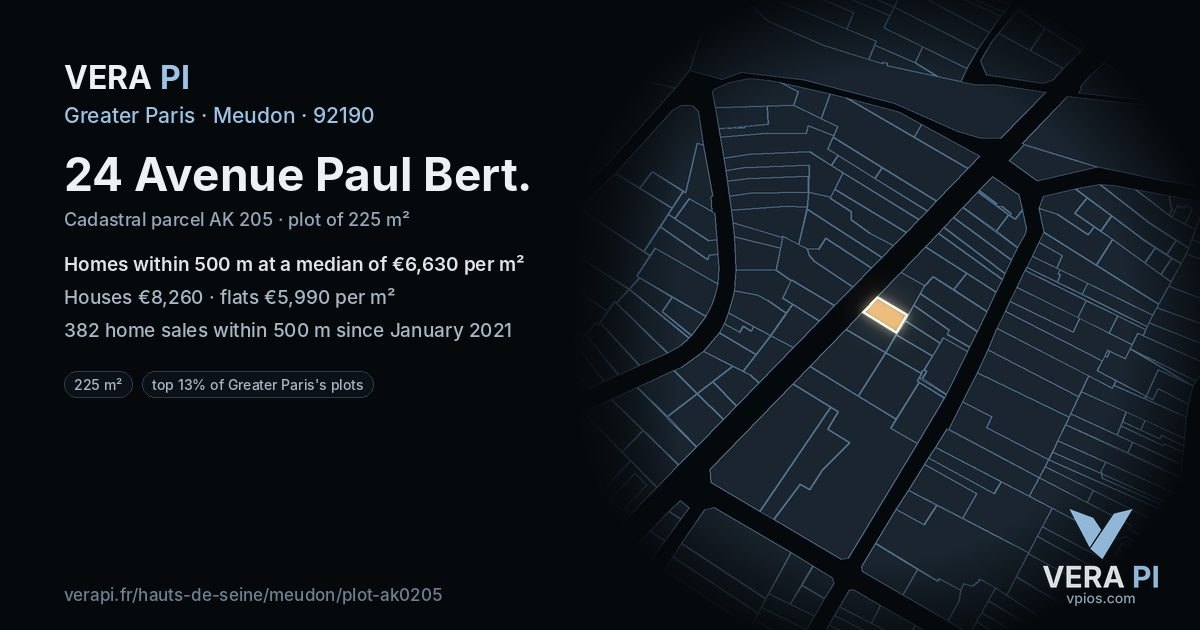 24 Avenue Paul Bert, Meudon at night – the plot lit, the parcels around coloured by the prices near them