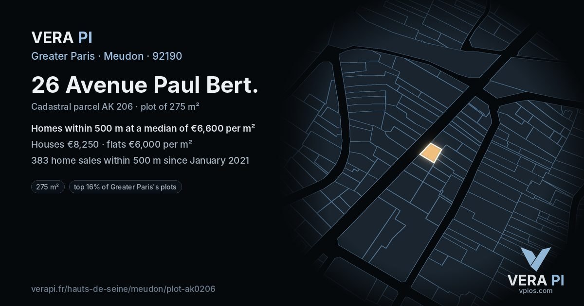 26 Avenue Paul Bert, Meudon at night – the plot lit, the parcels around coloured by the prices near them