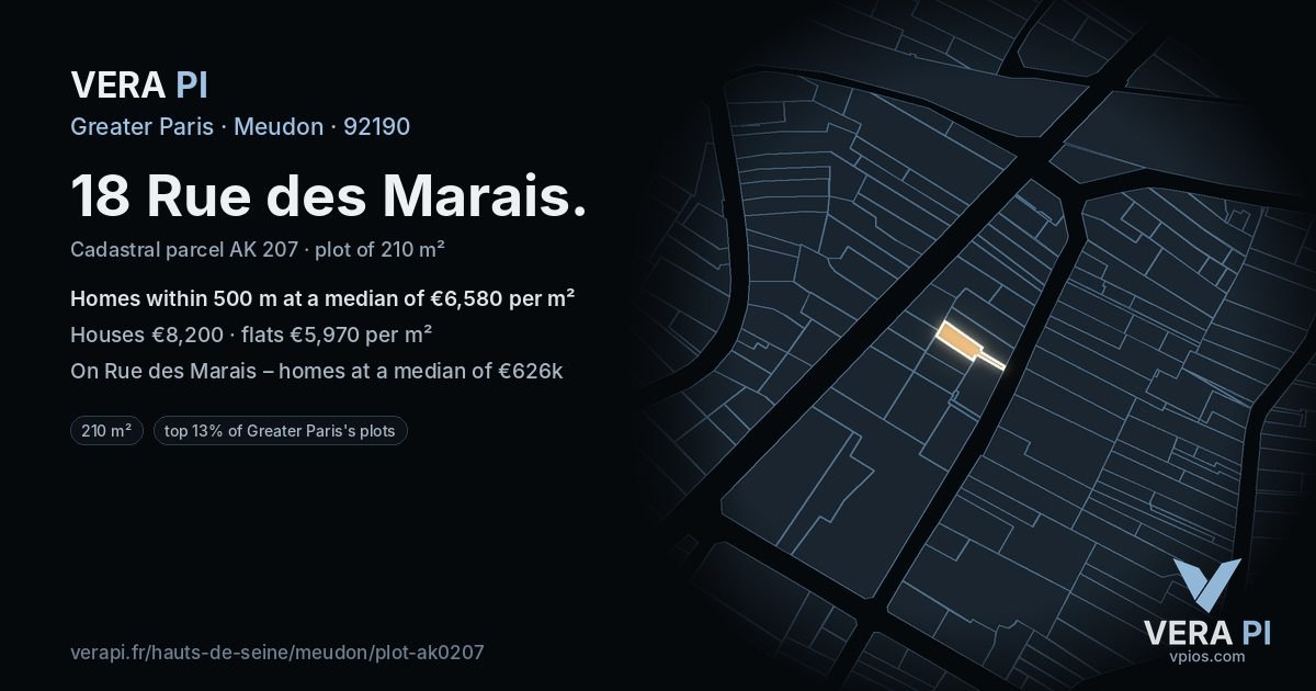 18 Rue des Marais, Meudon at night – the plot lit, the parcels around coloured by the prices near them