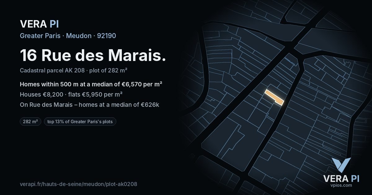 16 Rue des Marais, Meudon at night – the plot lit, the parcels around coloured by the prices near them