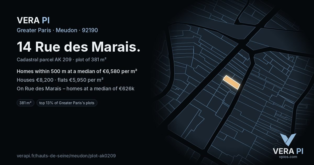 14 Rue des Marais, Meudon at night – the plot lit, the parcels around coloured by the prices near them