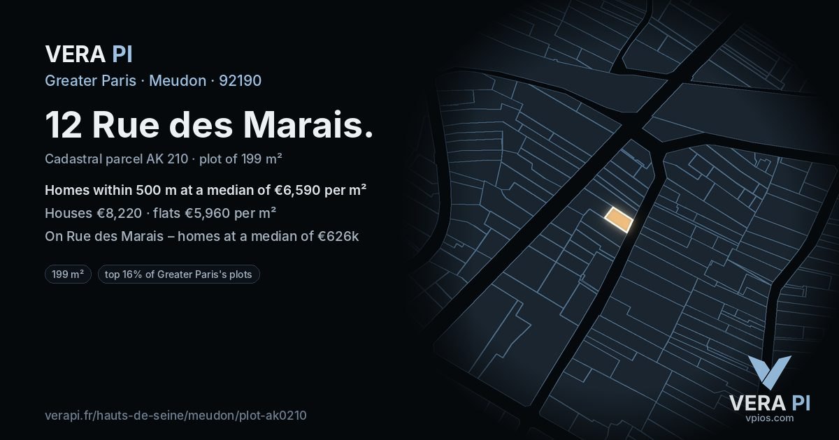 12 Rue des Marais, Meudon at night – the plot lit, the parcels around coloured by the prices near them