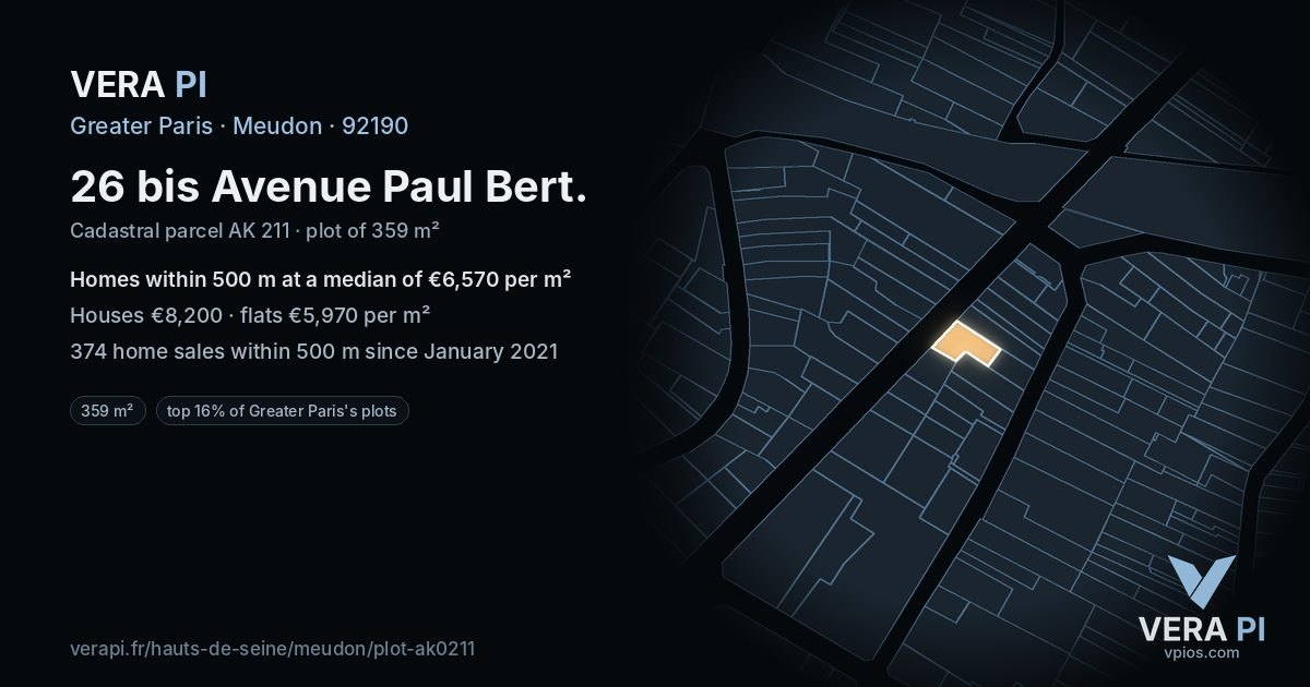 26 bis Avenue Paul Bert, Meudon at night – the plot lit, the parcels around coloured by the prices near them