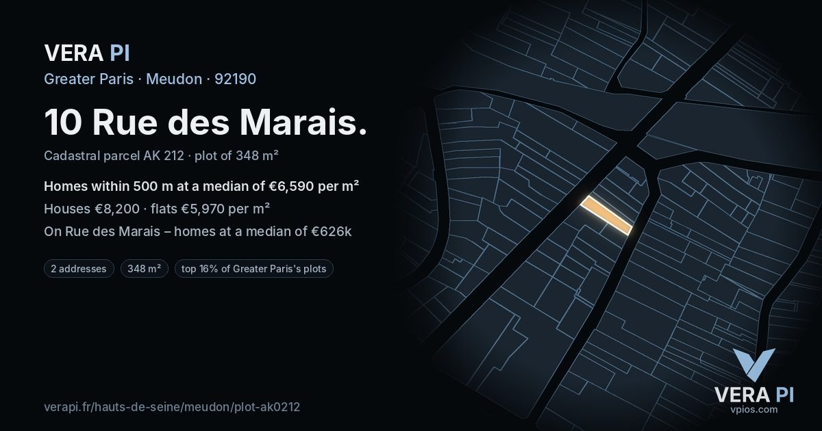 10 Rue des Marais, Meudon at night – the plot lit, the parcels around coloured by the prices near them