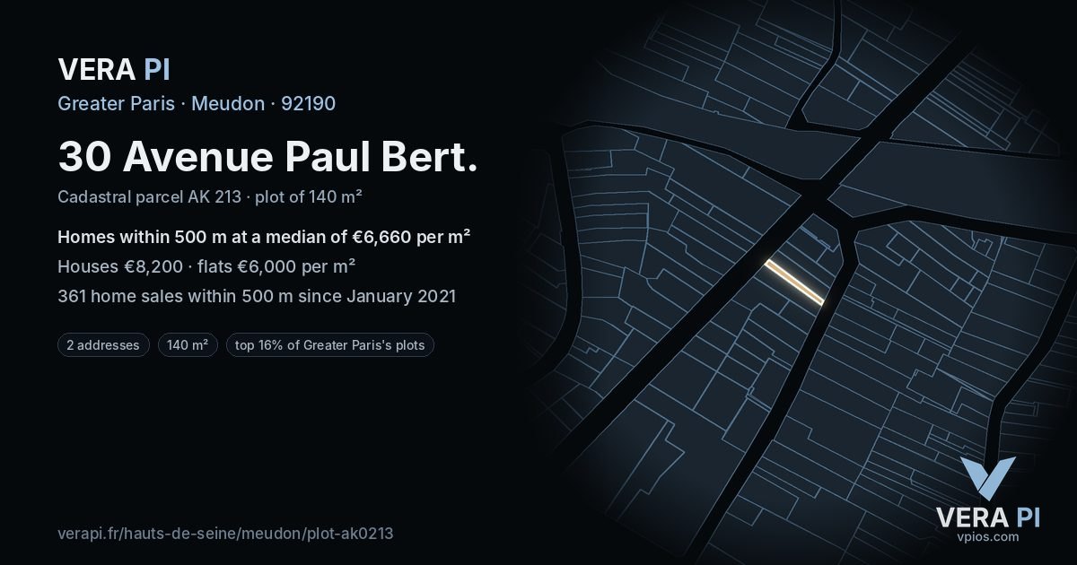 30 Avenue Paul Bert, Meudon at night – the plot lit, the parcels around coloured by the prices near them