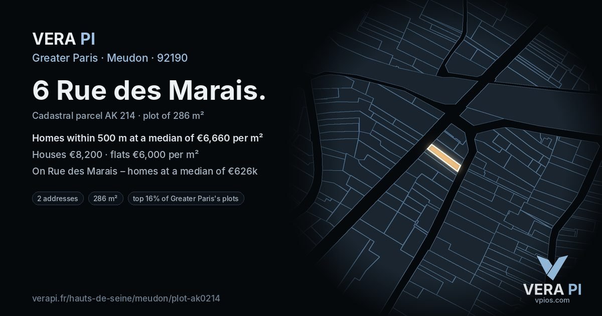 6 Rue des Marais, Meudon at night – the plot lit, the parcels around coloured by the prices near them