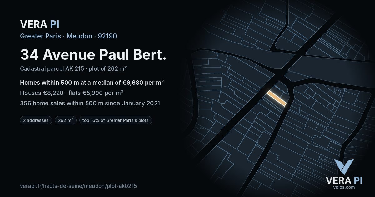 34 Avenue Paul Bert, Meudon at night – the plot lit, the parcels around coloured by the prices near them