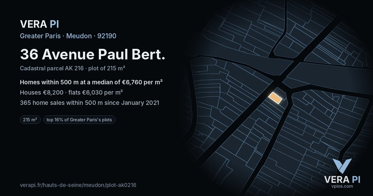 36 Avenue Paul Bert, Meudon at night – the plot lit, the parcels around coloured by the prices near them