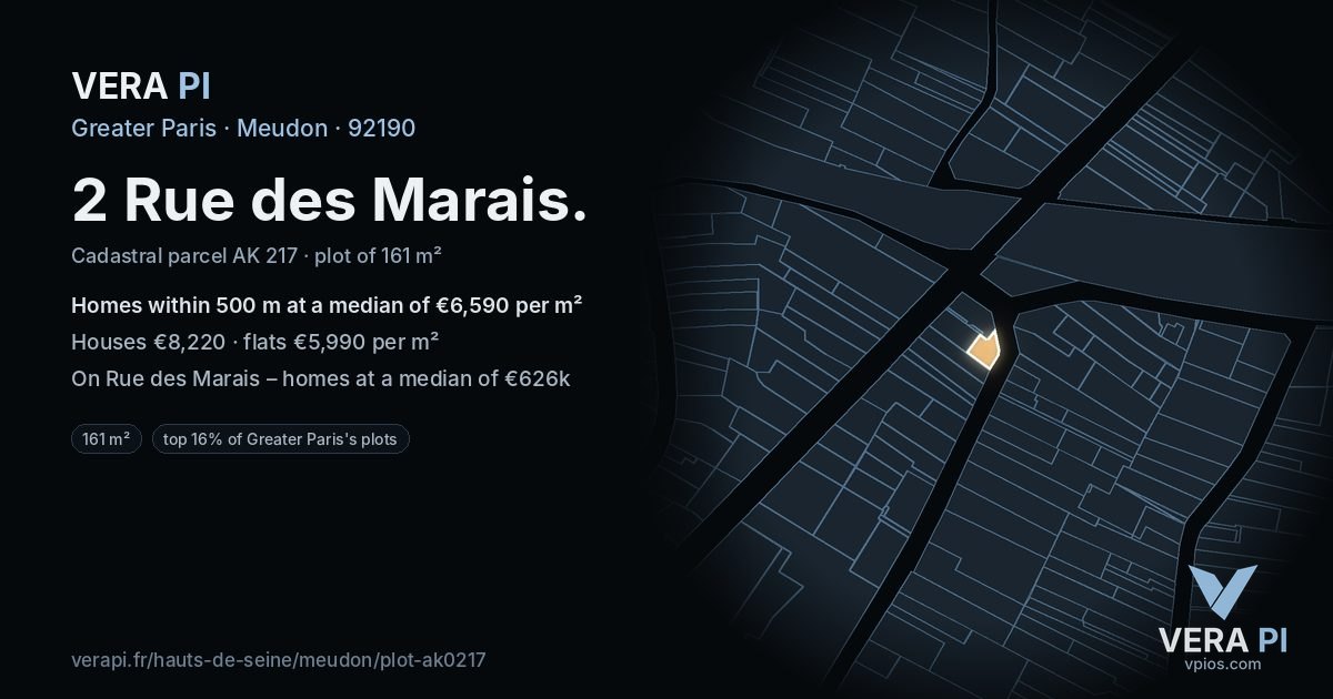 2 Rue des Marais, Meudon at night – the plot lit, the parcels around coloured by the prices near them