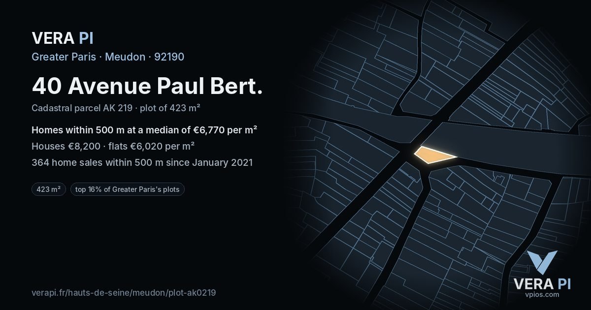 40 Avenue Paul Bert, Meudon at night – the plot lit, the parcels around coloured by the prices near them