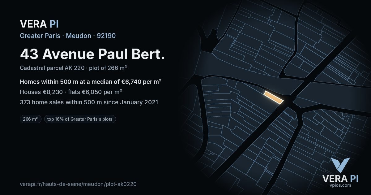 43 Avenue Paul Bert, Meudon at night – the plot lit, the parcels around coloured by the prices near them