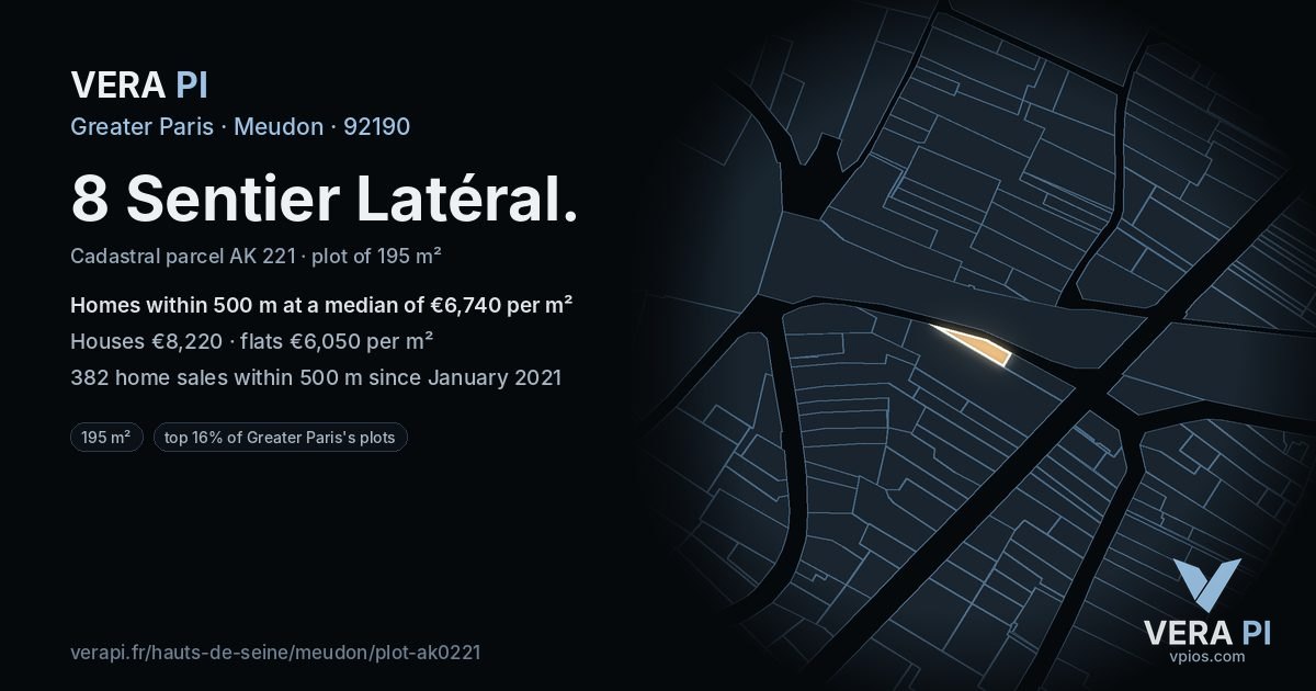 8 Sentier Latéral, Meudon at night – the plot lit, the parcels around coloured by the prices near them