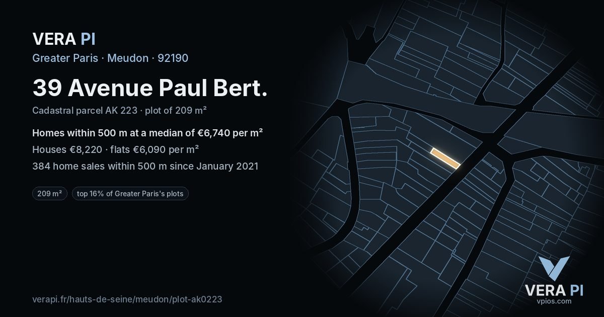 39 Avenue Paul Bert, Meudon at night – the plot lit, the parcels around coloured by the prices near them