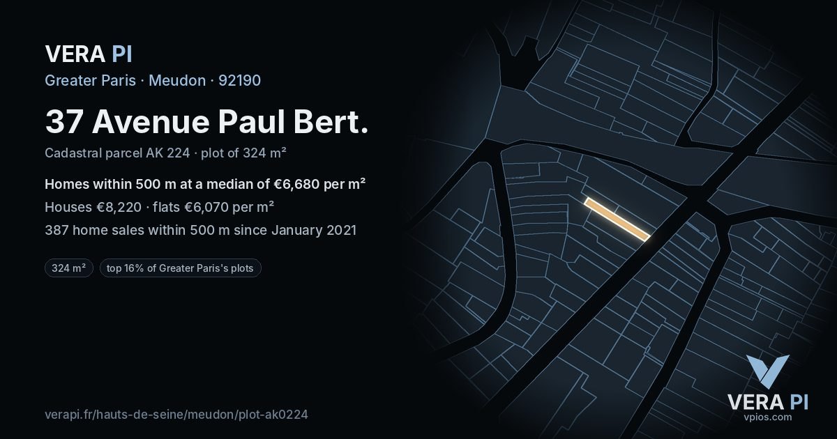 37 Avenue Paul Bert, Meudon at night – the plot lit, the parcels around coloured by the prices near them