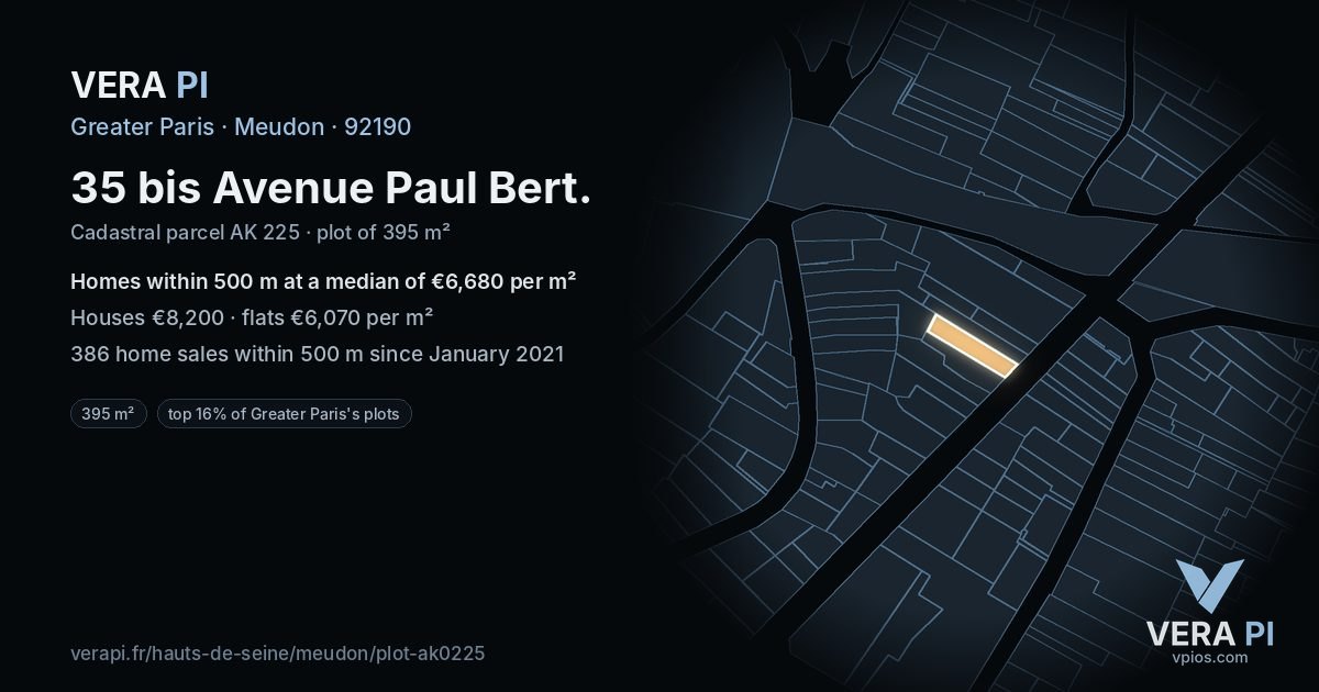 35 bis Avenue Paul Bert, Meudon at night – the plot lit, the parcels around coloured by the prices near them