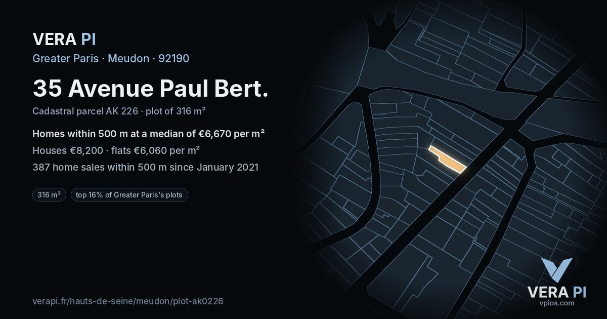 35 Avenue Paul Bert, Meudon at night – the plot lit, the parcels around coloured by the prices near them