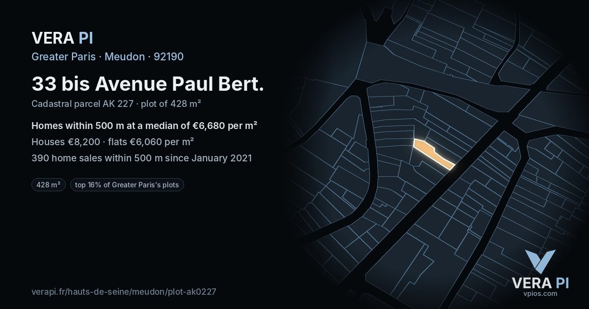 33 bis Avenue Paul Bert, Meudon at night – the plot lit, the parcels around coloured by the prices near them
