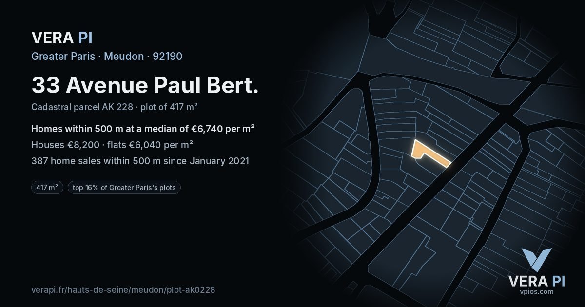 33 Avenue Paul Bert, Meudon at night – the plot lit, the parcels around coloured by the prices near them