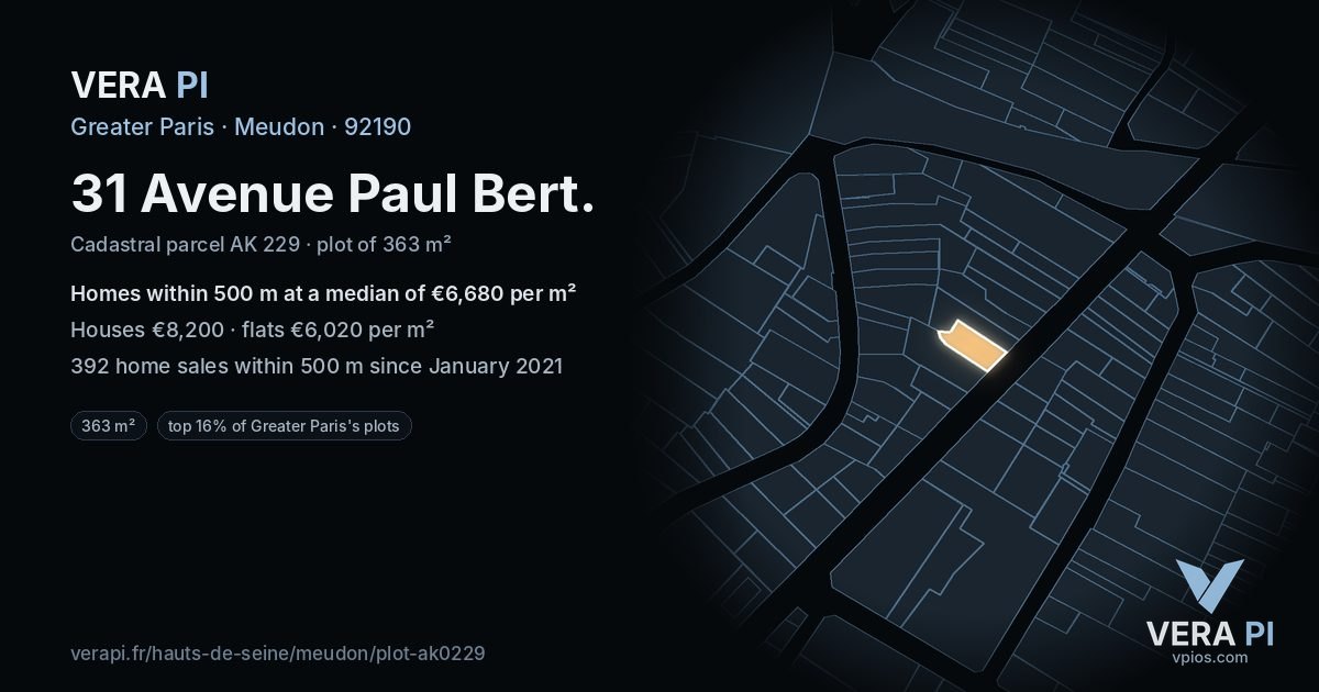 31 Avenue Paul Bert, Meudon at night – the plot lit, the parcels around coloured by the prices near them