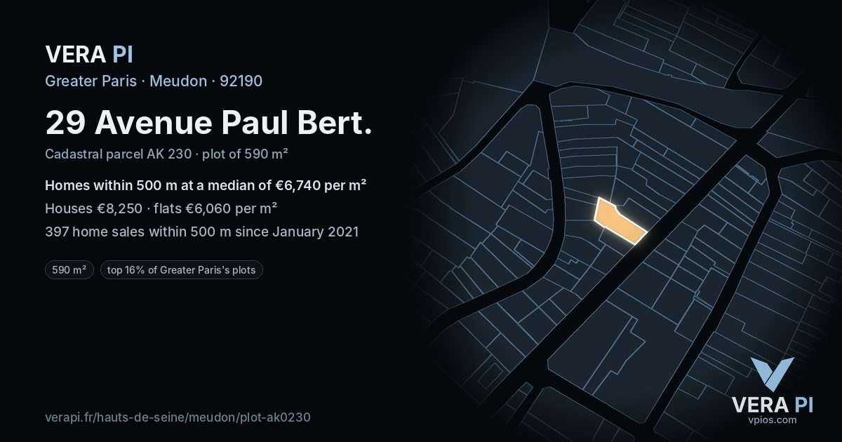 29 Avenue Paul Bert, Meudon at night – the plot lit, the parcels around coloured by the prices near them