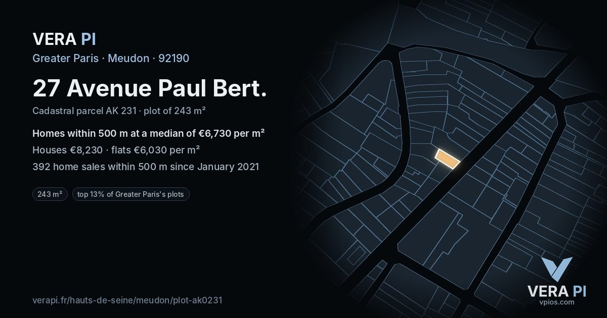 27 Avenue Paul Bert, Meudon at night – the plot lit, the parcels around coloured by the prices near them