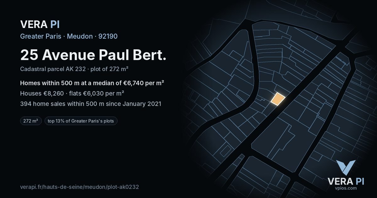 25 Avenue Paul Bert, Meudon at night – the plot lit, the parcels around coloured by the prices near them