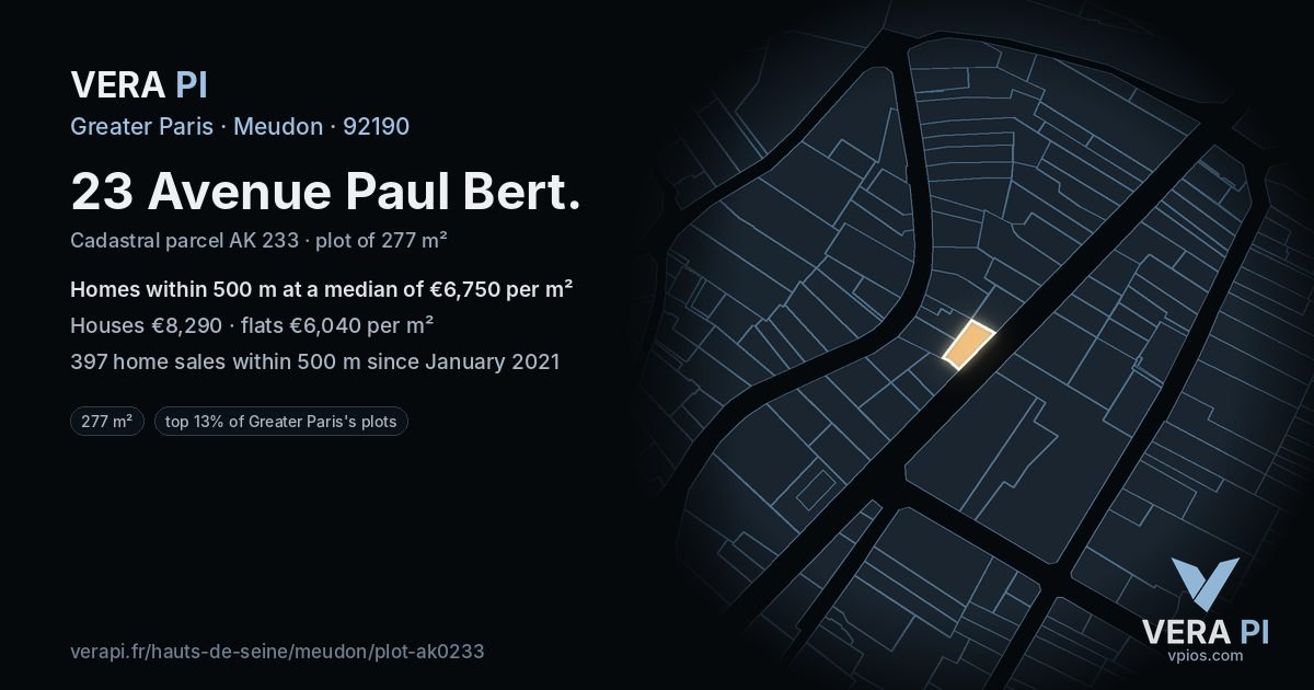 23 Avenue Paul Bert, Meudon at night – the plot lit, the parcels around coloured by the prices near them