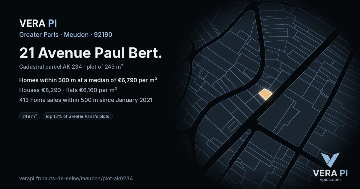 21 Avenue Paul Bert, Meudon at night – the plot lit, the parcels around coloured by the prices near them