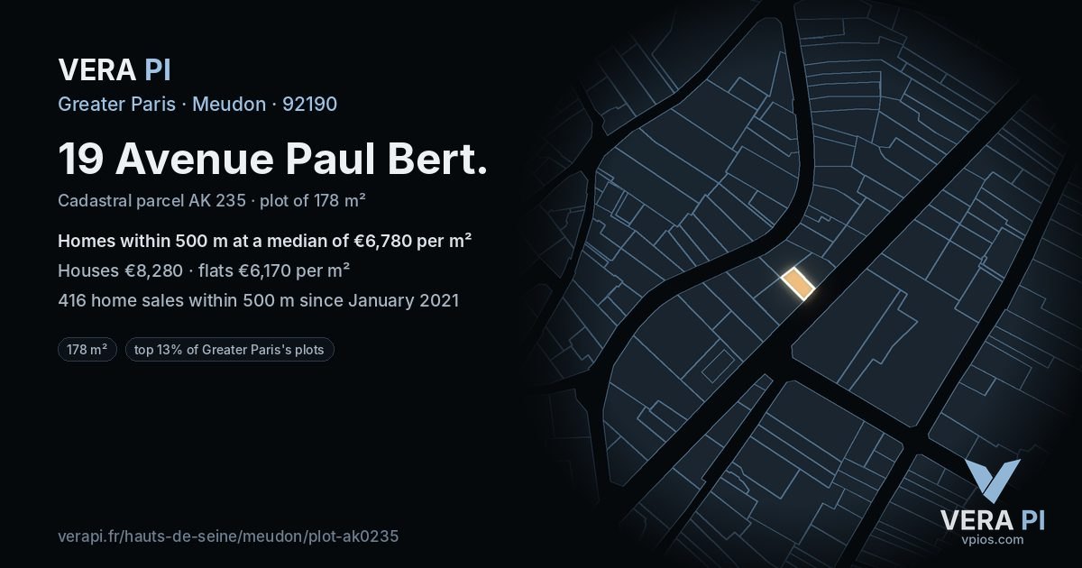 19 Avenue Paul Bert, Meudon at night – the plot lit, the parcels around coloured by the prices near them