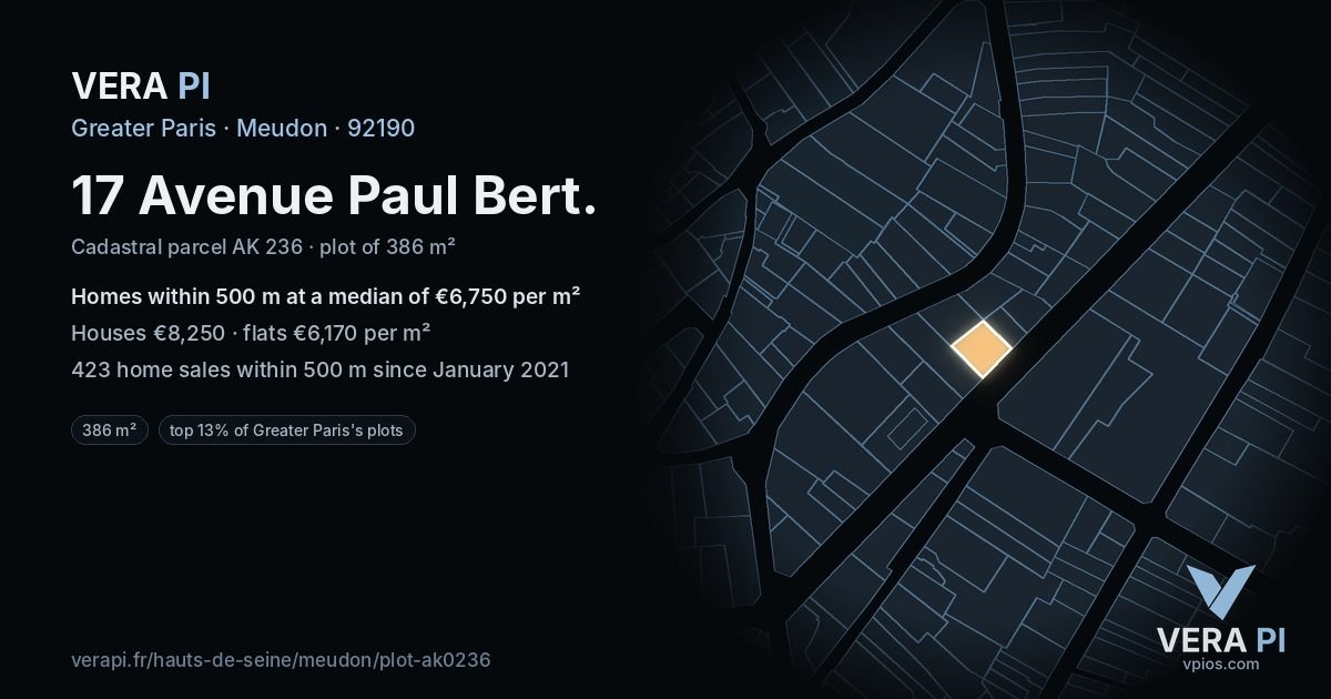 17 Avenue Paul Bert, Meudon at night – the plot lit, the parcels around coloured by the prices near them