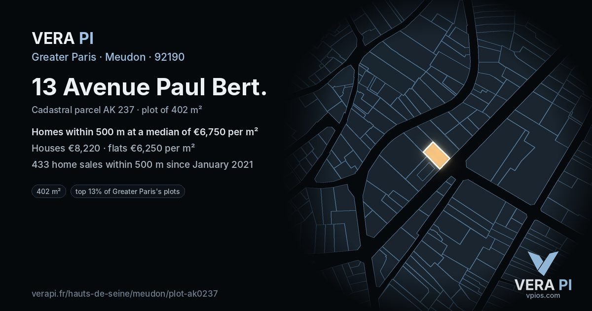 13 Avenue Paul Bert, Meudon at night – the plot lit, the parcels around coloured by the prices near them