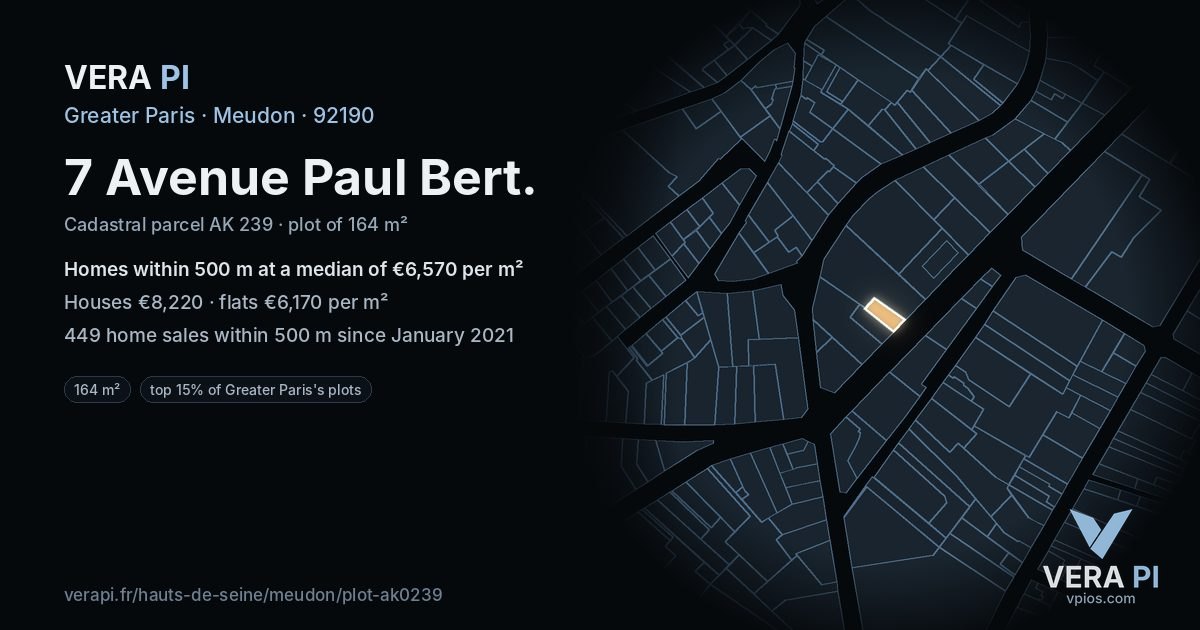 7 Avenue Paul Bert, Meudon at night – the plot lit, the parcels around coloured by the prices near them