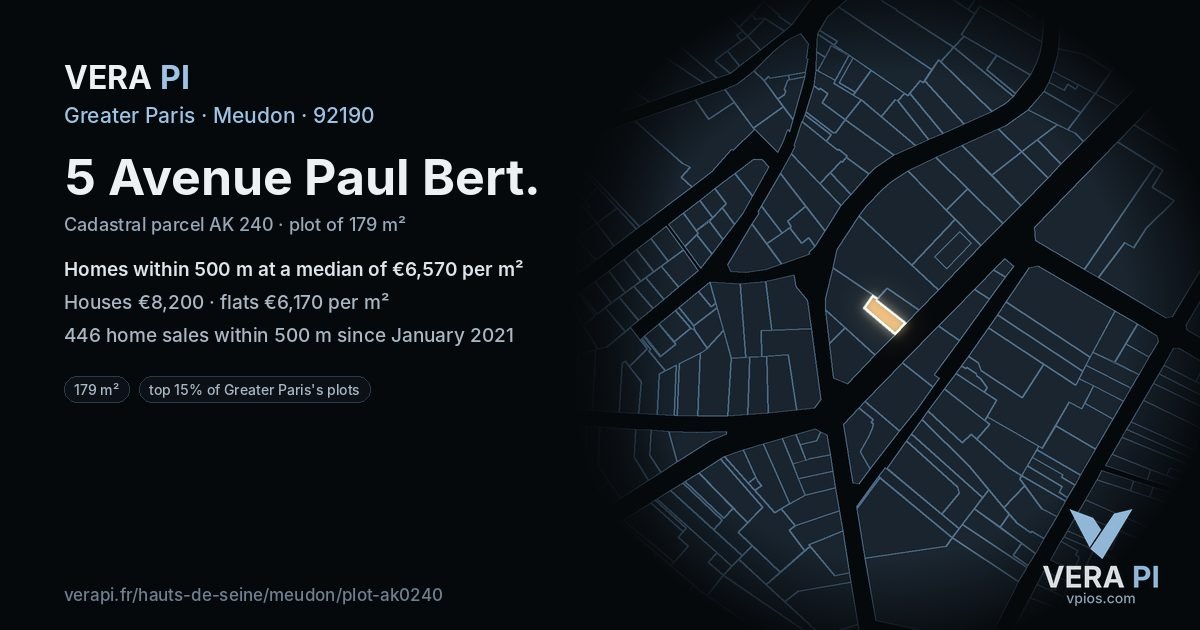 5 Avenue Paul Bert, Meudon at night – the plot lit, the parcels around coloured by the prices near them