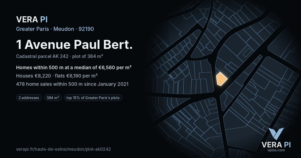 1 Avenue Paul Bert, Meudon at night – the plot lit, the parcels around coloured by the prices near them