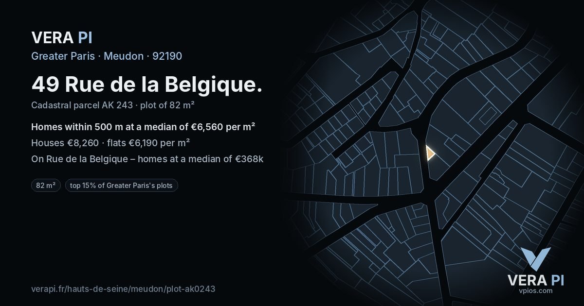49 Rue de la Belgique, Meudon at night – the plot lit, the parcels around coloured by the prices near them