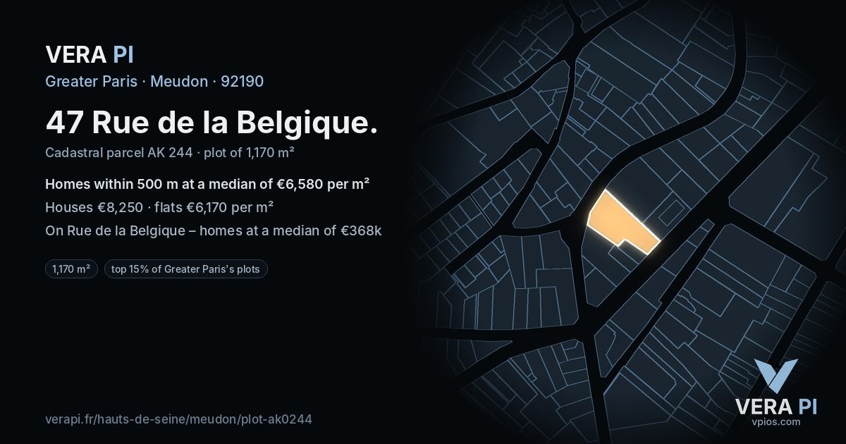47 Rue de la Belgique, Meudon at night – the plot lit, the parcels around coloured by the prices near them