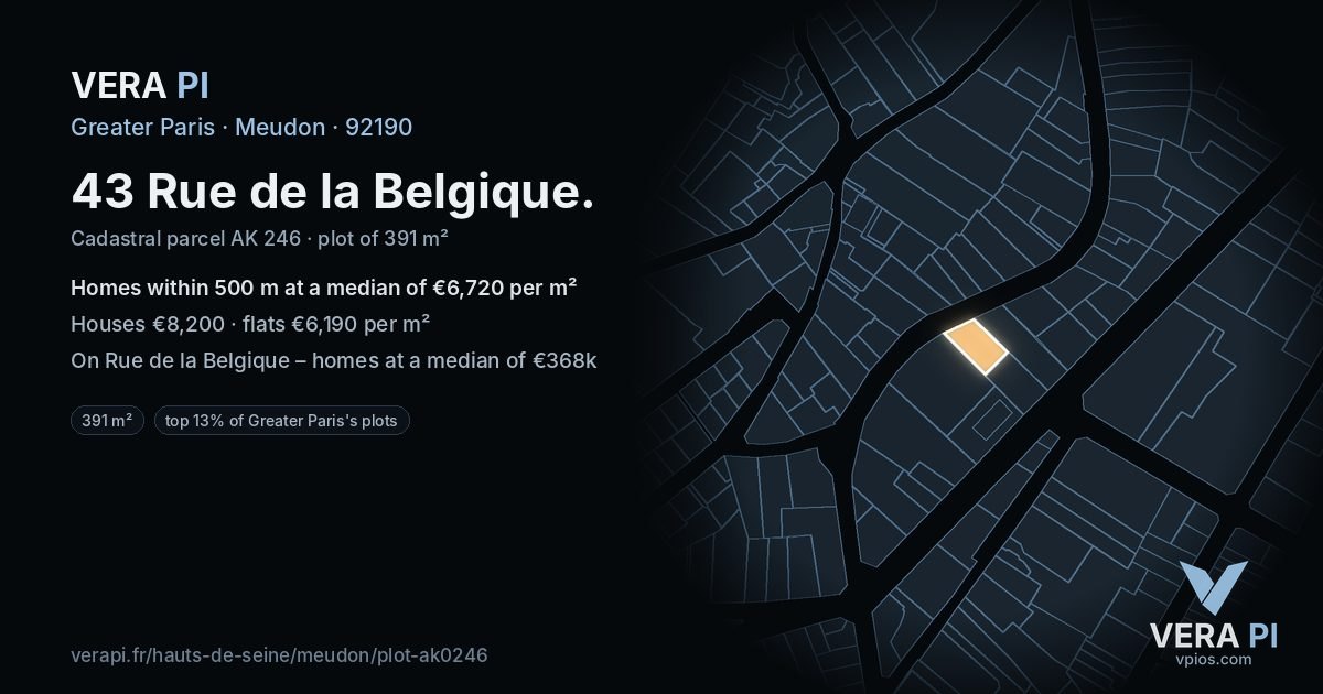 43 Rue de la Belgique, Meudon at night – the plot lit, the parcels around coloured by the prices near them