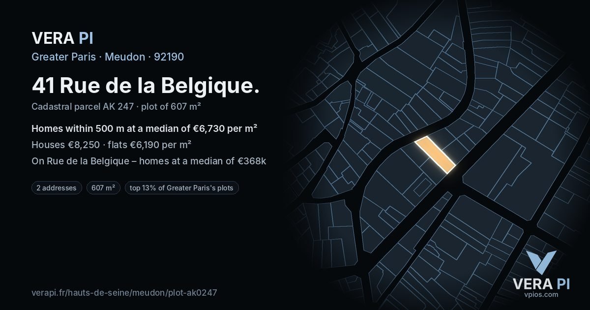 41 Rue de la Belgique, Meudon at night – the plot lit, the parcels around coloured by the prices near them