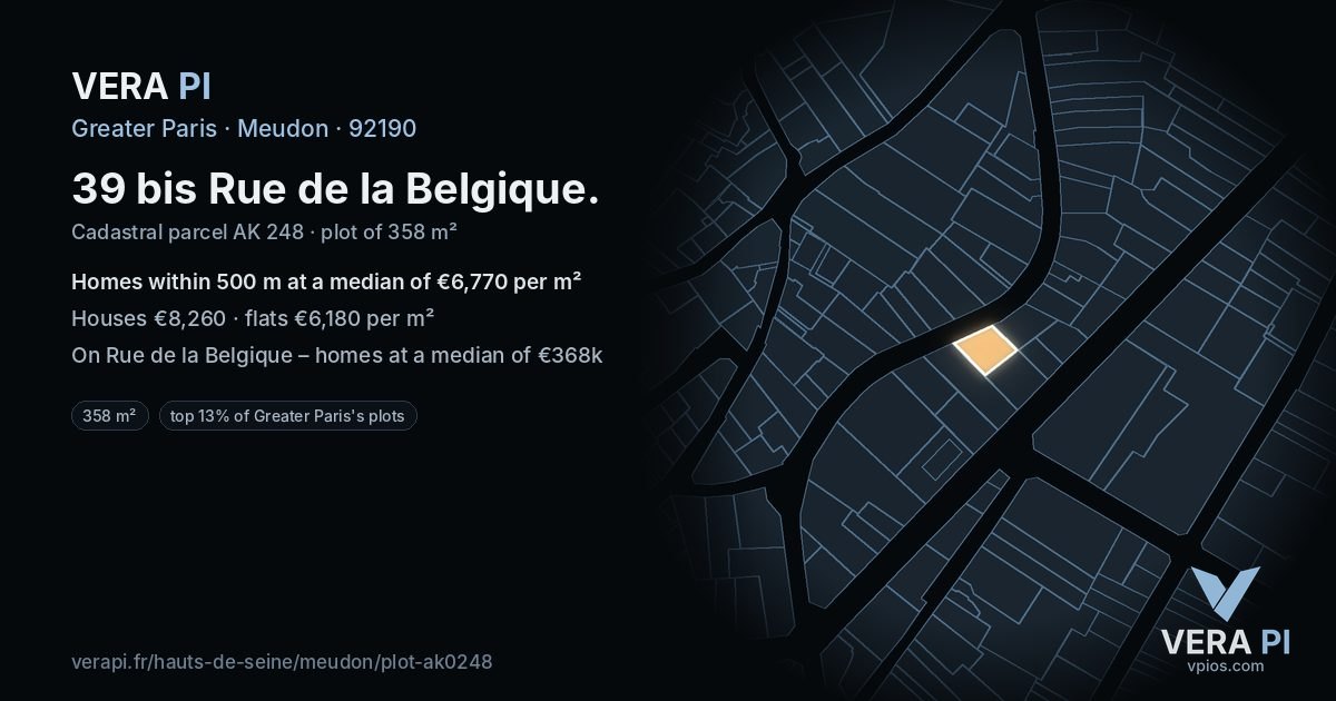 39 bis Rue de la Belgique, Meudon at night – the plot lit, the parcels around coloured by the prices near them