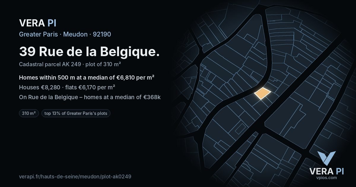 39 Rue de la Belgique, Meudon at night – the plot lit, the parcels around coloured by the prices near them