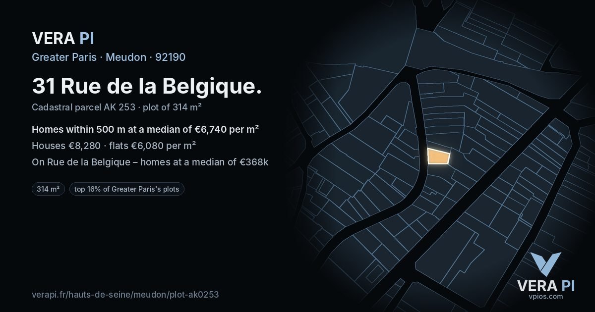 31 Rue de la Belgique, Meudon at night – the plot lit, the parcels around coloured by the prices near them