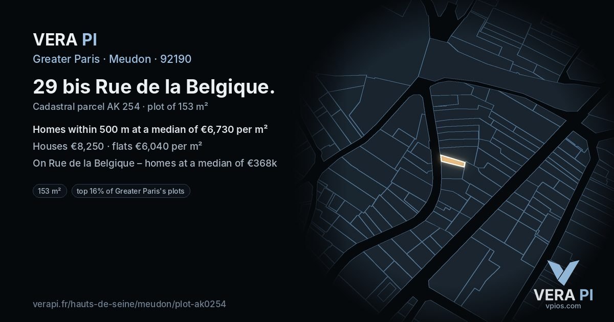 29 bis Rue de la Belgique, Meudon at night – the plot lit, the parcels around coloured by the prices near them