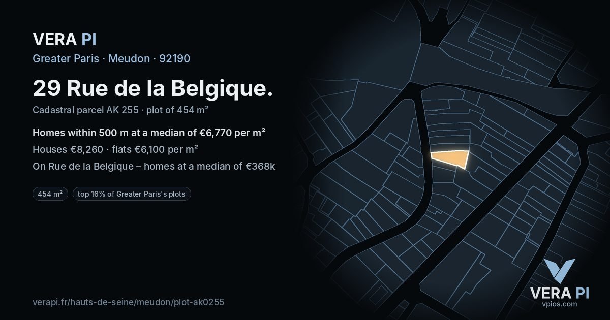 29 Rue de la Belgique, Meudon at night – the plot lit, the parcels around coloured by the prices near them