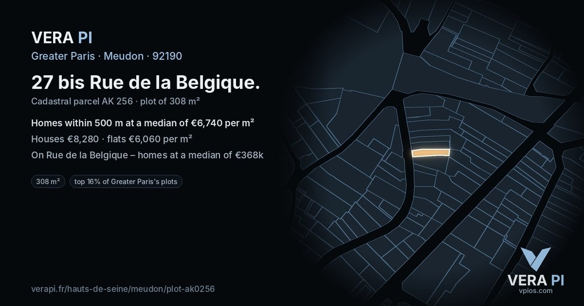 27 bis Rue de la Belgique, Meudon at night – the plot lit, the parcels around coloured by the prices near them