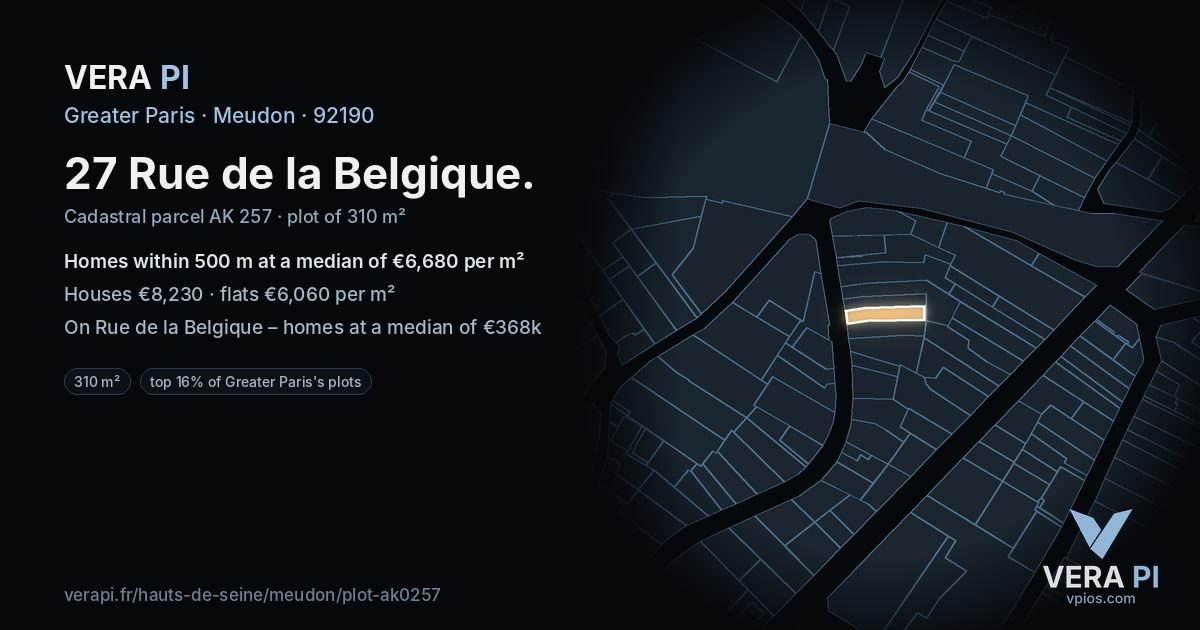 27 Rue de la Belgique, Meudon at night – the plot lit, the parcels around coloured by the prices near them